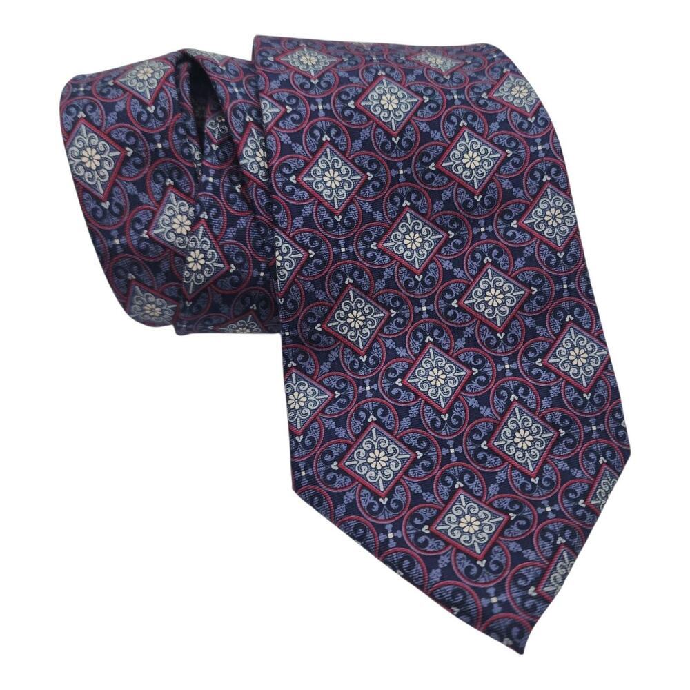 Christian Dior Tie Mens Blue Silk Geometric Medallion Pattern Classic Necktie